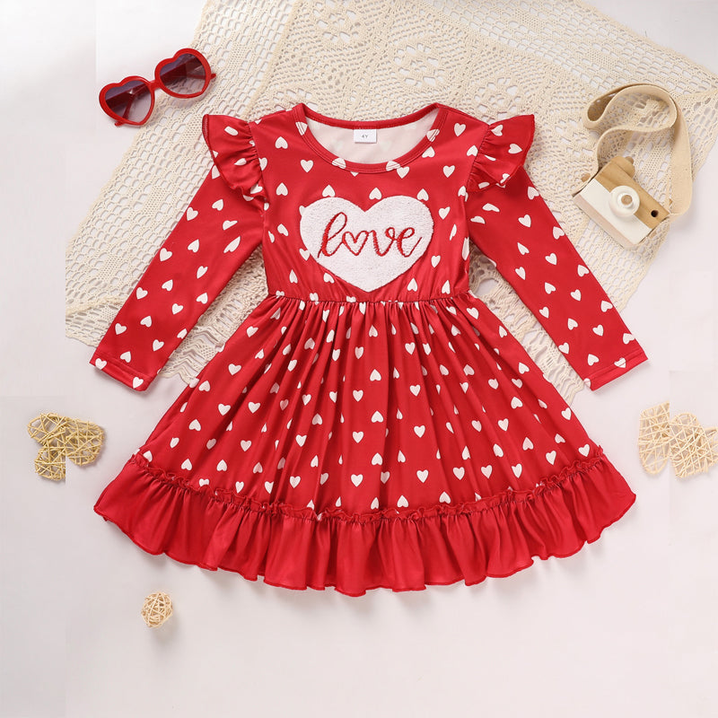 CJ Toddler Girl's Cute 'LOVE' Embroidered Dress, Heart Print Long Sleeve A-Line Dress With Ruffle Hem