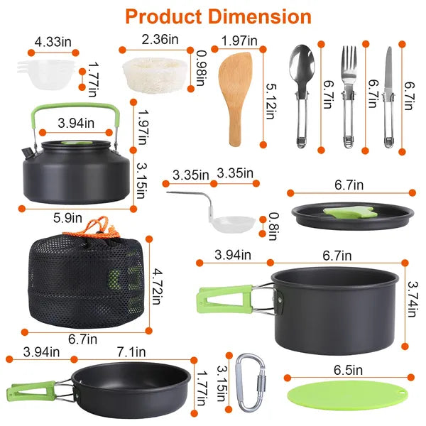 CJ Set Of 16Pcs Camping Cooking Ware Camping Stove Cookware Kit Aluminum Kettle With Bowls Knife Fork Spoon Carabiner Spatula Cutting Board For Hiking Picnic Outdoor