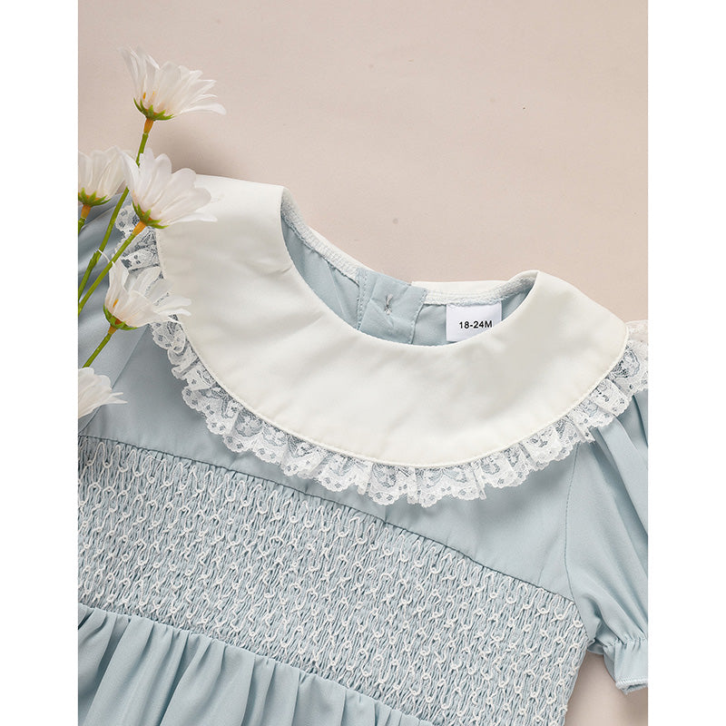 CJ Toddler Girls' Smocked Dress Cute Puff Short Sleeves Lace Crew Neck, Adorable Princess Party Dress