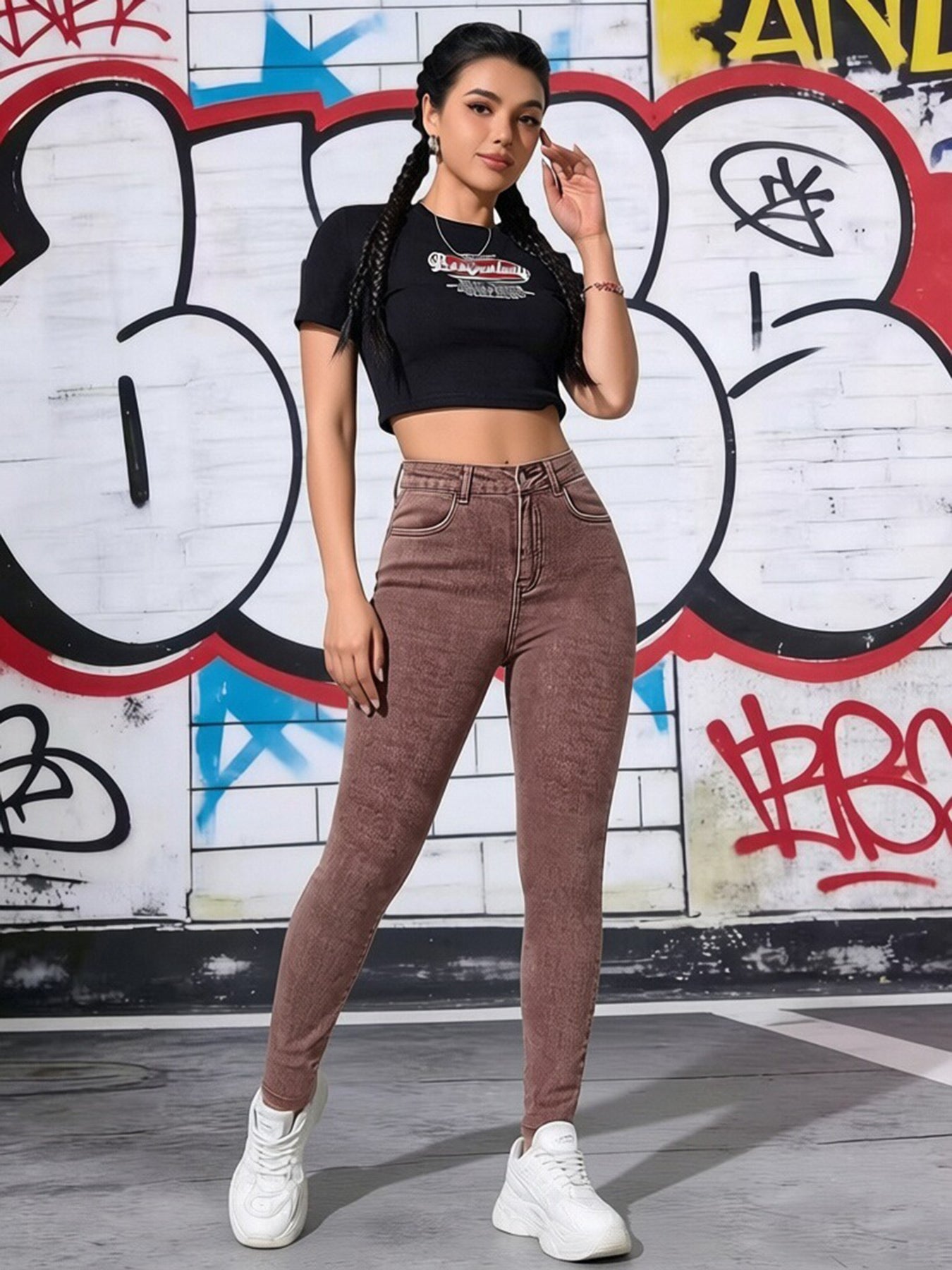 Women's Brown High Waist Skinny Jeans Stretchy