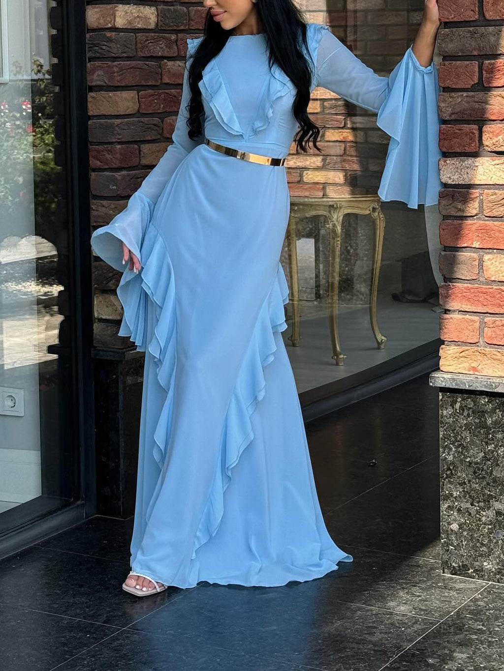 CJ  Round Neck Ruffled Long Sleeve Maxi Dress