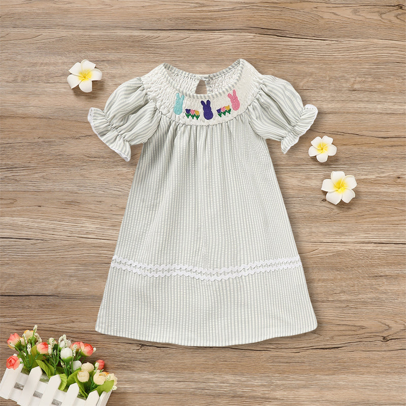 CJ Toddler Girl's Cute Dress, Bunny & Floral Embroidery Checkered A-Line Dress With Lace Trim