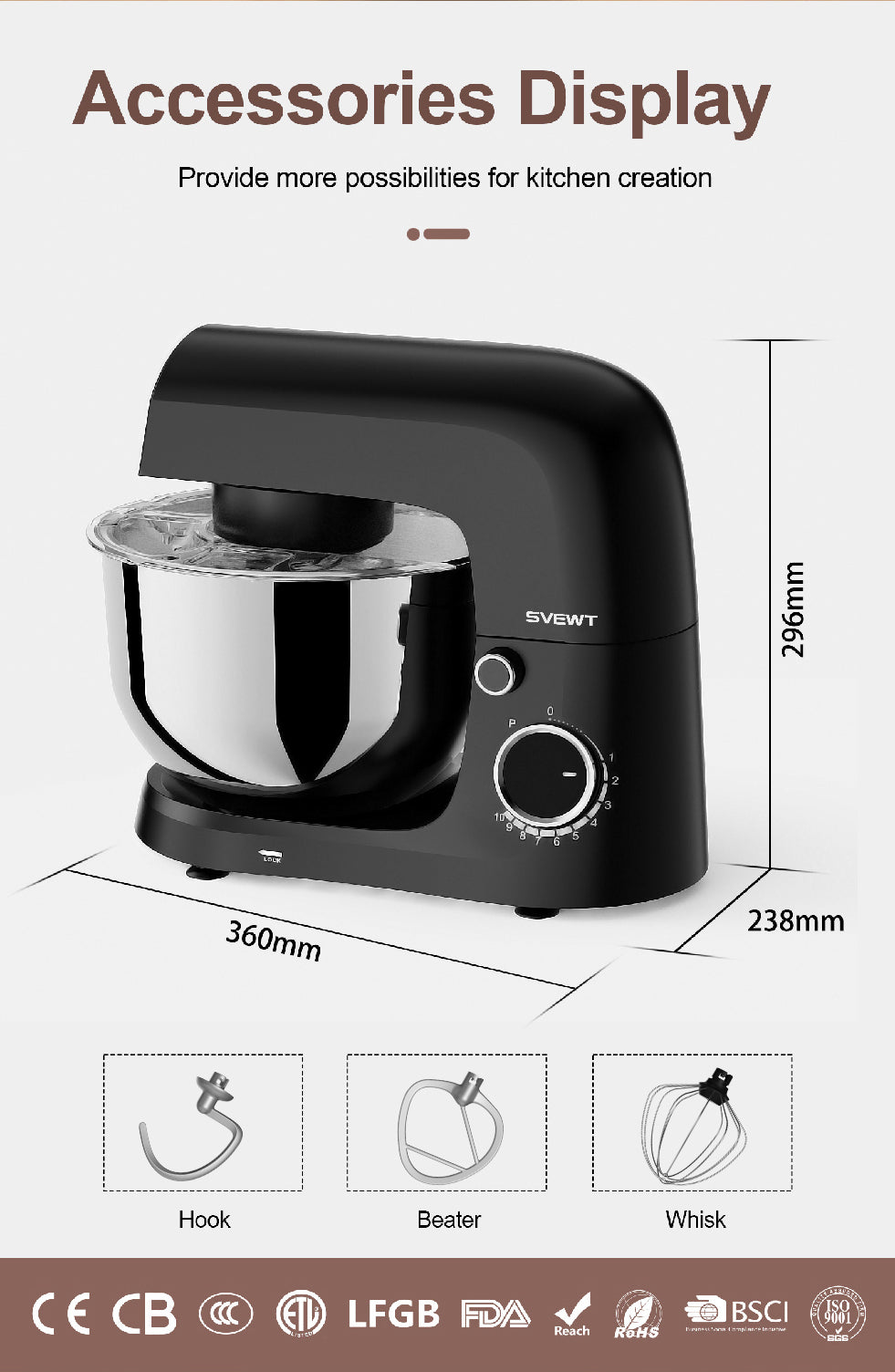 CJ SVEWT SM-1540 1500W Stand Mixer Chef Machine Food Mixer 10-Speed Control With 5.5L SUS304 Stainless Steel Bowl - Black