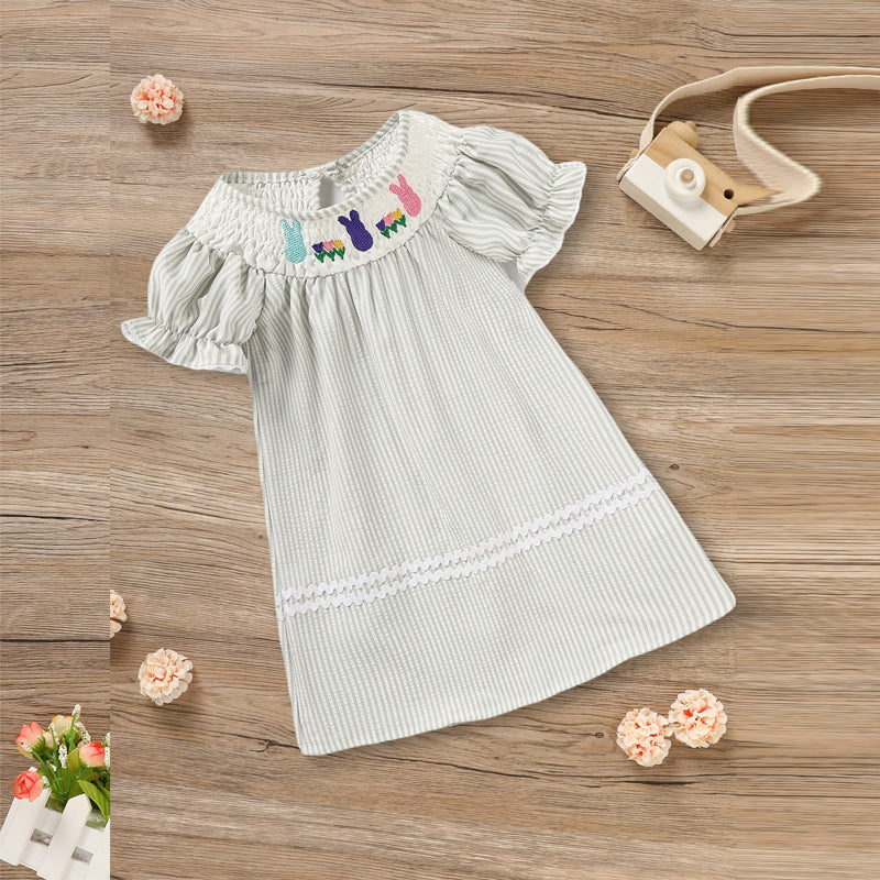 CJ Toddler Girl's Cute Dress, Bunny & Floral Embroidery Checkered A-Line Dress With Lace Trim