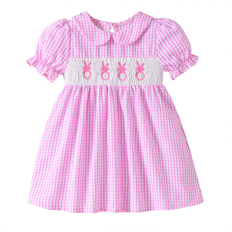 CJ Toddler Girl's Lapel Bubble Sleeve Dress, Checkered Pattern & Bunny Embroidery A-Line Summer Dress