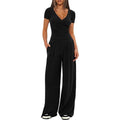 CJ 2 Pieces Women's V Neck Short-sleeve Sportswear Top And Wide-leg Pants Set Casual Comfortable Outfit Set For Daily Wear Gym Sports Outfit