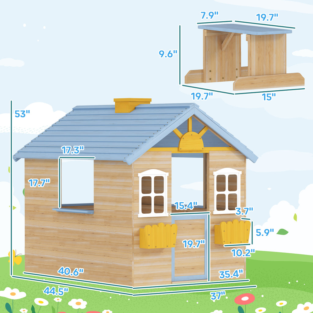CJ Wooden Playhouse for Kids Outdoor Garden with Working Door, Windows, Bench, Service Station, Flowers Pot Holder, Blue
