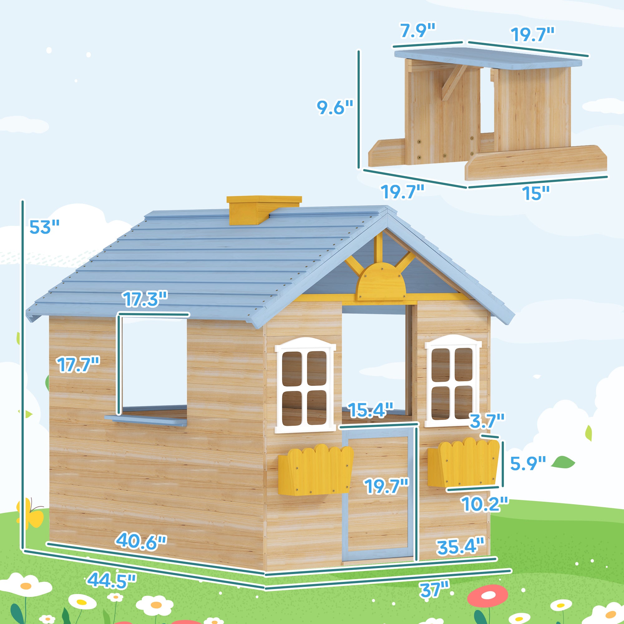 CJ Wooden Playhouse for Kids Outdoor Garden with Working Door, Windows, Bench, Service Station, Flowers Pot Holder, Blue
