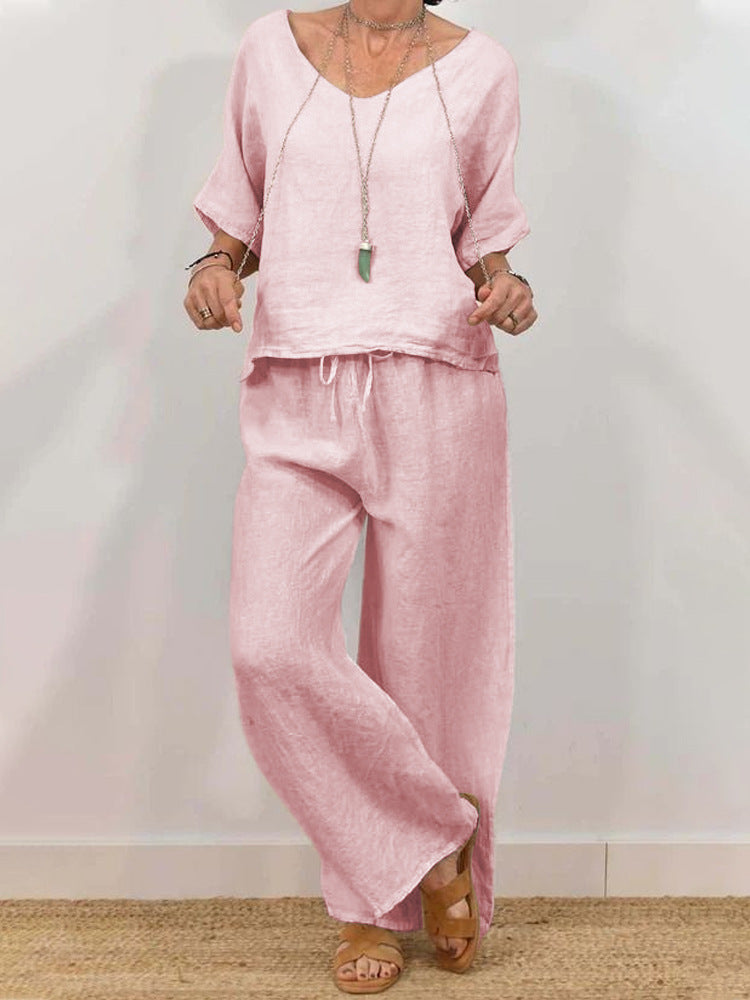 CJ  Womens Multi-Color Two-Piece Set Casual V-Neck Pullover With Three-Quarter Sleeves And Extended Pants