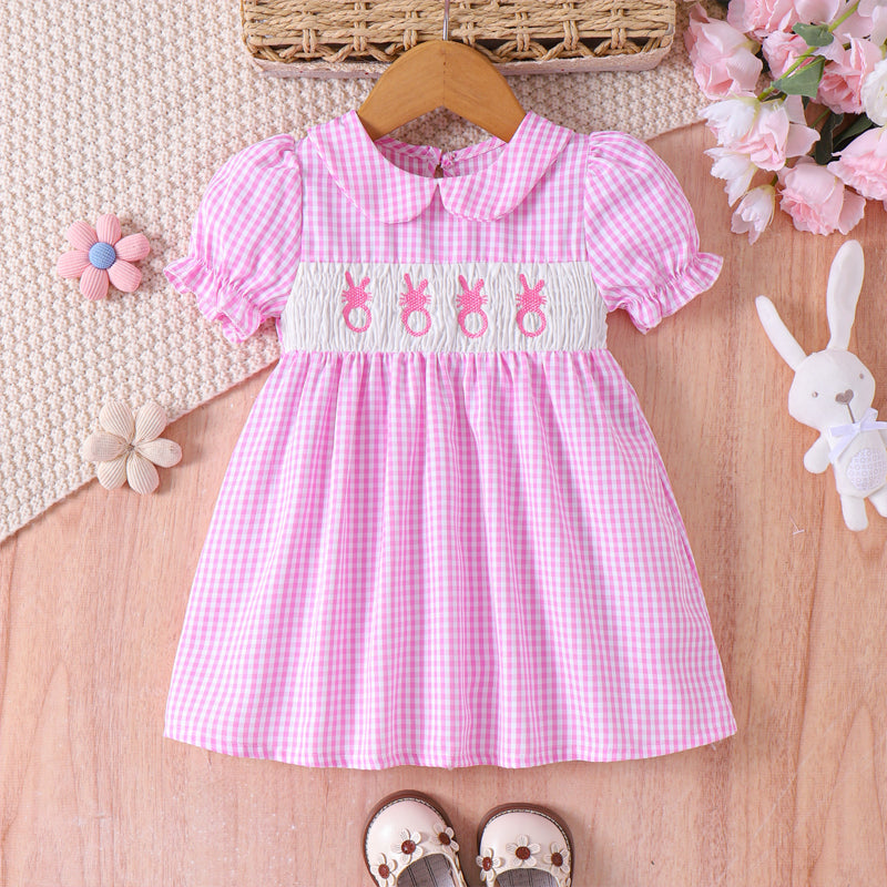 CJ Toddler Girl's Lapel Bubble Sleeve Dress, Checkered Pattern & Bunny Embroidery A-Line Summer Dress