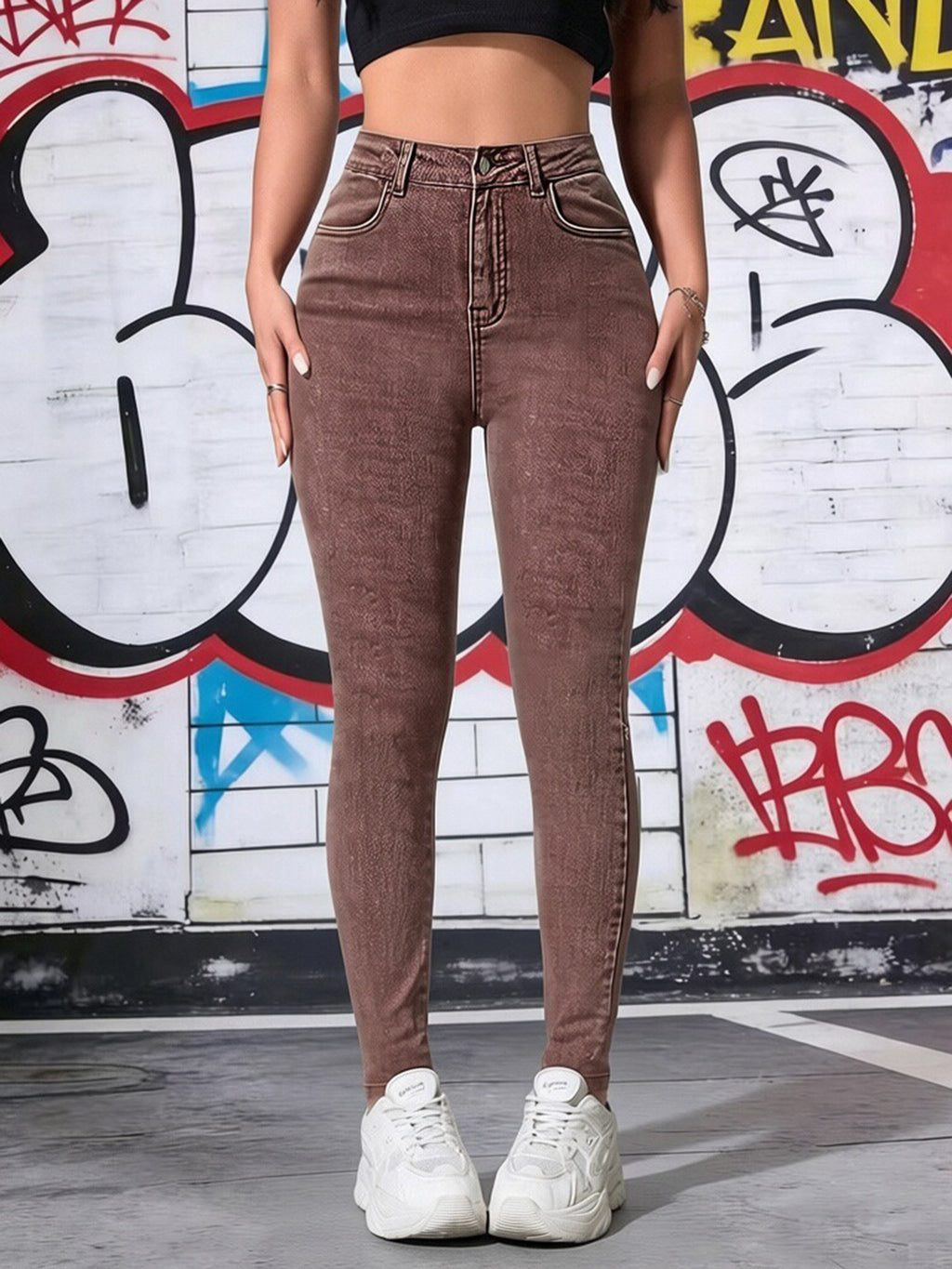Women's Brown High Waist Skinny Jeans Stretchy