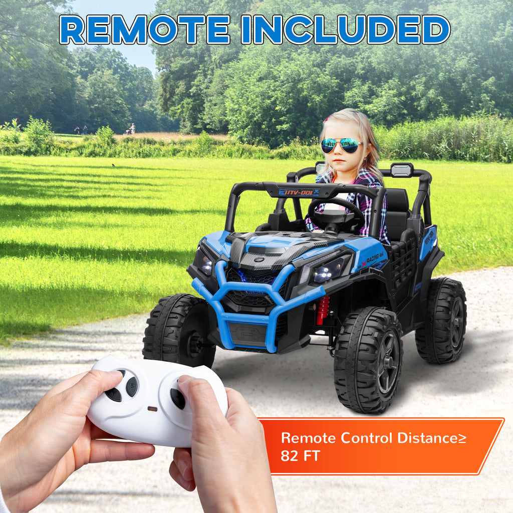 2 Seater 24V Kids Electric Car w/ Remote Control, 3 Speed, LED Lights, Music, Horn, Spring Suspension, Slow Start, Blue