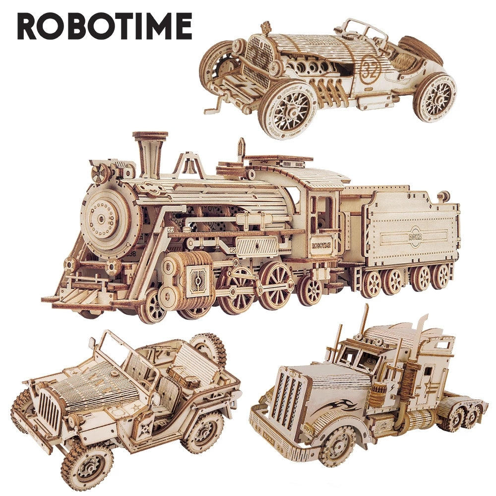 CJ Robotime ROKR Train Model 3D Wooden Puzzle Toy Assembly Locomotive Model Building Kits for Children Kids Birthday Christmas Gift