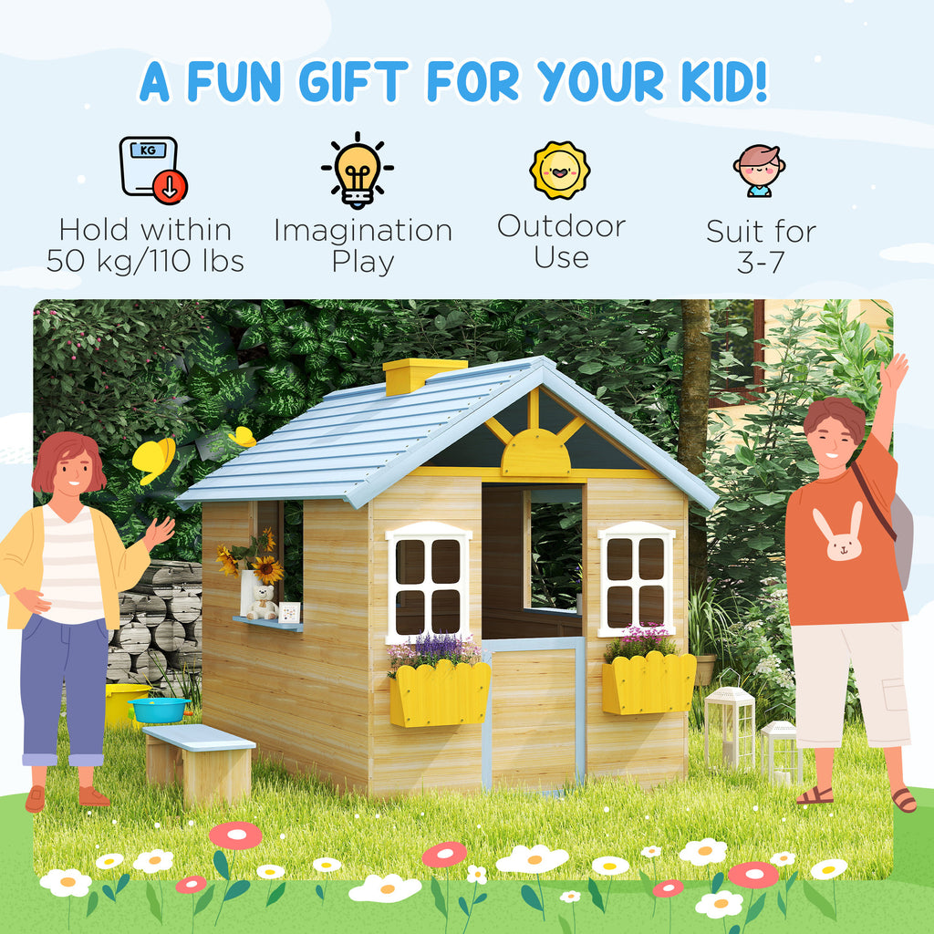 CJ Wooden Playhouse for Kids Outdoor Garden with Working Door, Windows, Bench, Service Station, Flowers Pot Holder, Blue