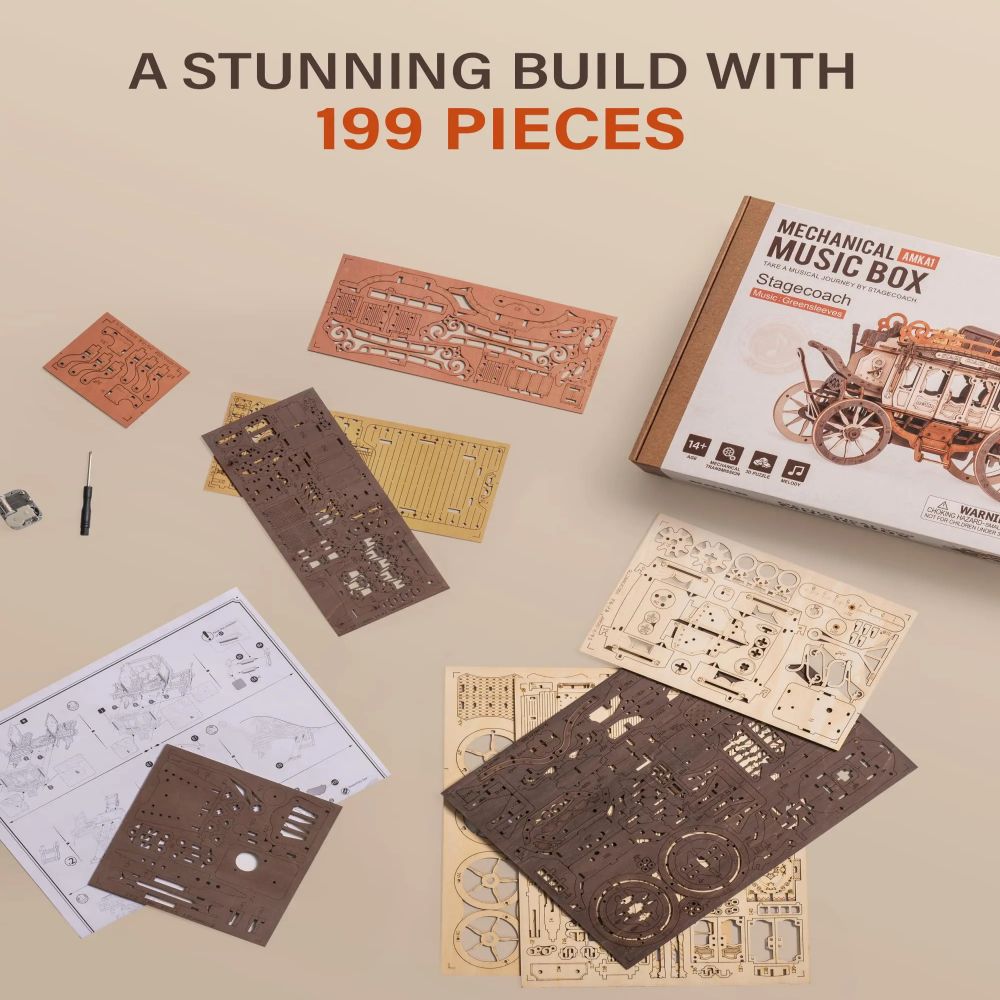 CJ Robotime Rokr Stagecoach Music Box 3D Wooden Puzzle For Adults Birthday Anniversary Day Gift Hobby STEM Kits Model Easy To Build