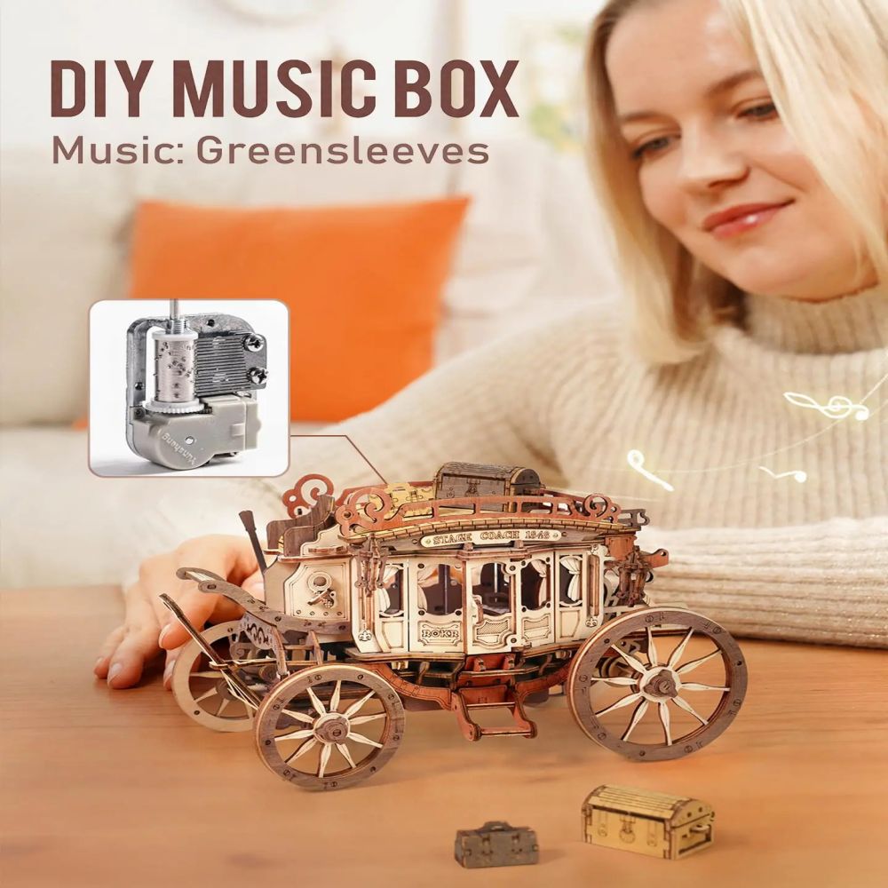 CJ Robotime Rokr Stagecoach Music Box 3D Wooden Puzzle For Adults Birthday Anniversary Day Gift Hobby STEM Kits Model Easy To Build
