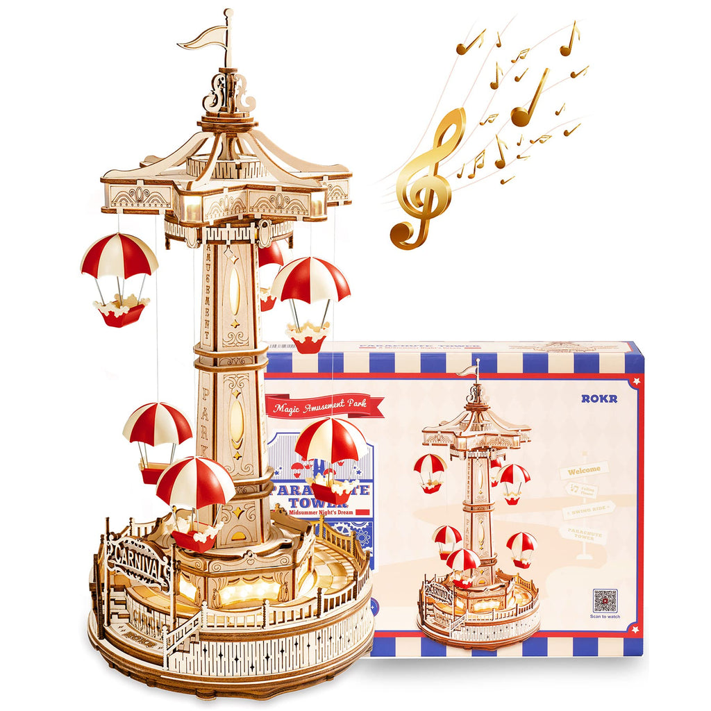 CJ Robotime Rokr Parachute Tower DIY Music Box Building Block Amusement Park Series For Kids Adults Easy Assembly 3D Wooden Puzzle