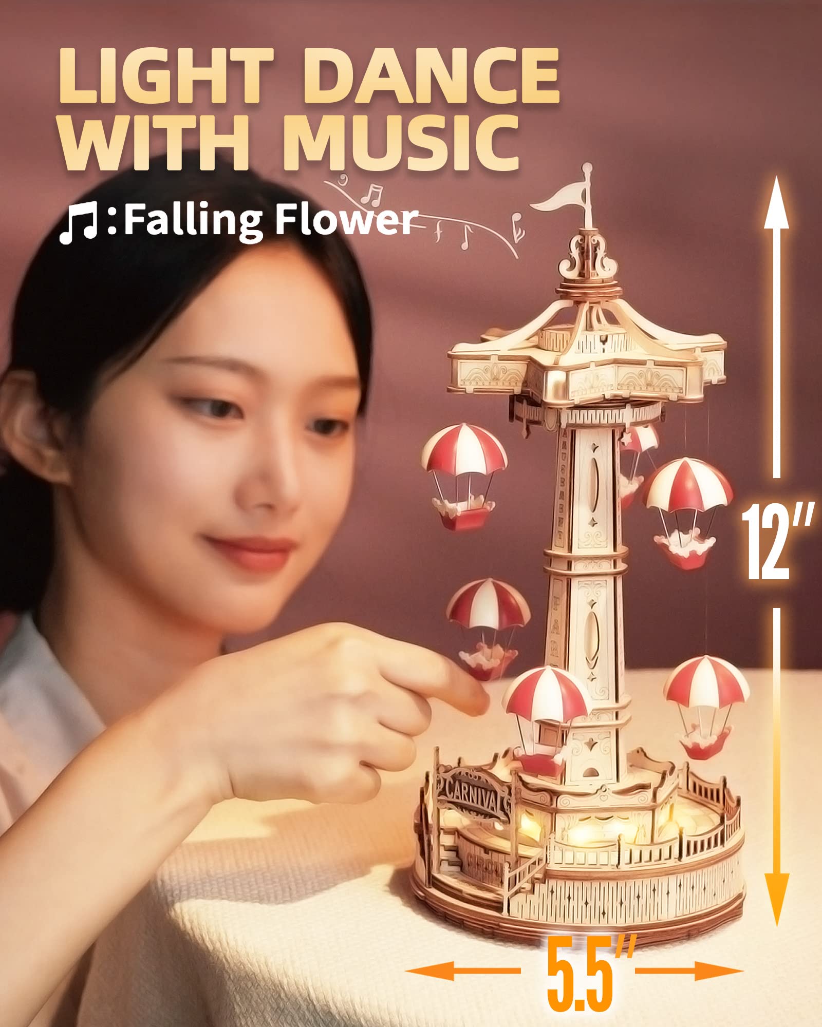 CJ Robotime Rokr Parachute Tower DIY Music Box Building Block Amusement Park Series For Kids Adults Easy Assembly 3D Wooden Puzzle
