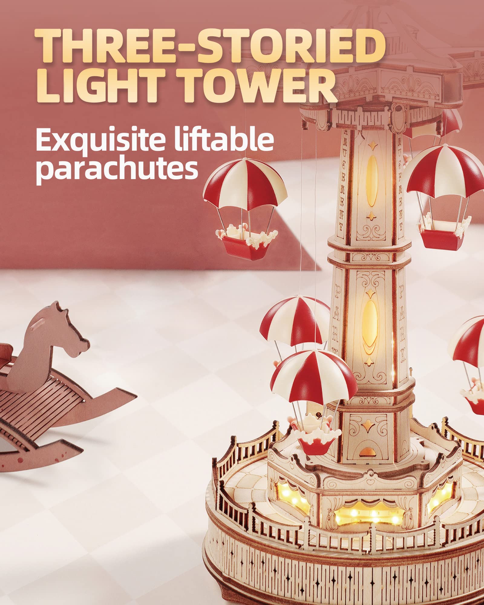 CJ Robotime Rokr Parachute Tower DIY Music Box Building Block Amusement Park Series For Kids Adults Easy Assembly 3D Wooden Puzzle