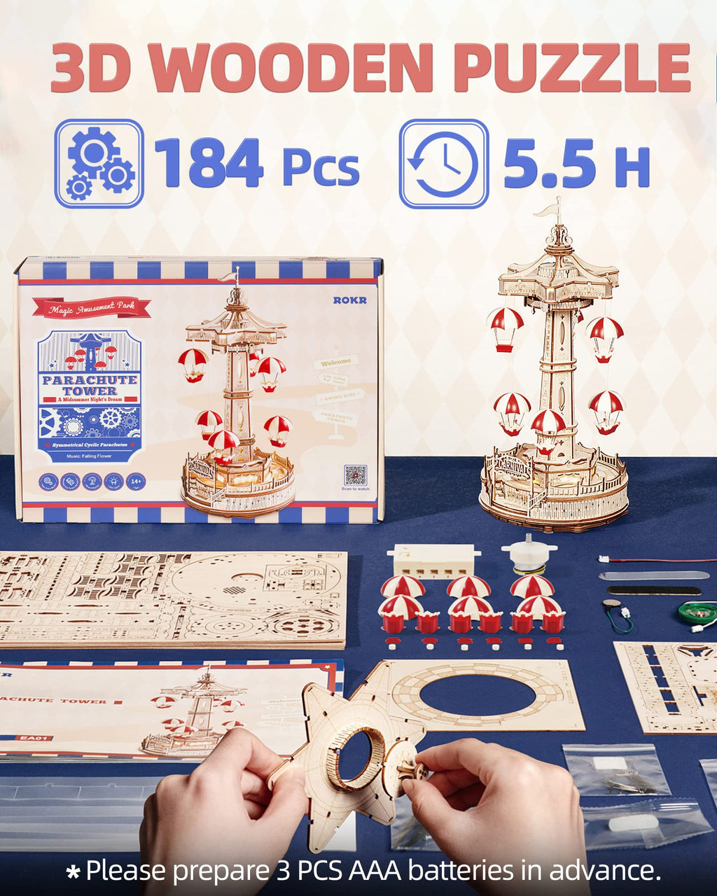 CJ Robotime Rokr Parachute Tower DIY Music Box Building Block Amusement Park Series For Kids Adults Easy Assembly 3D Wooden Puzzle