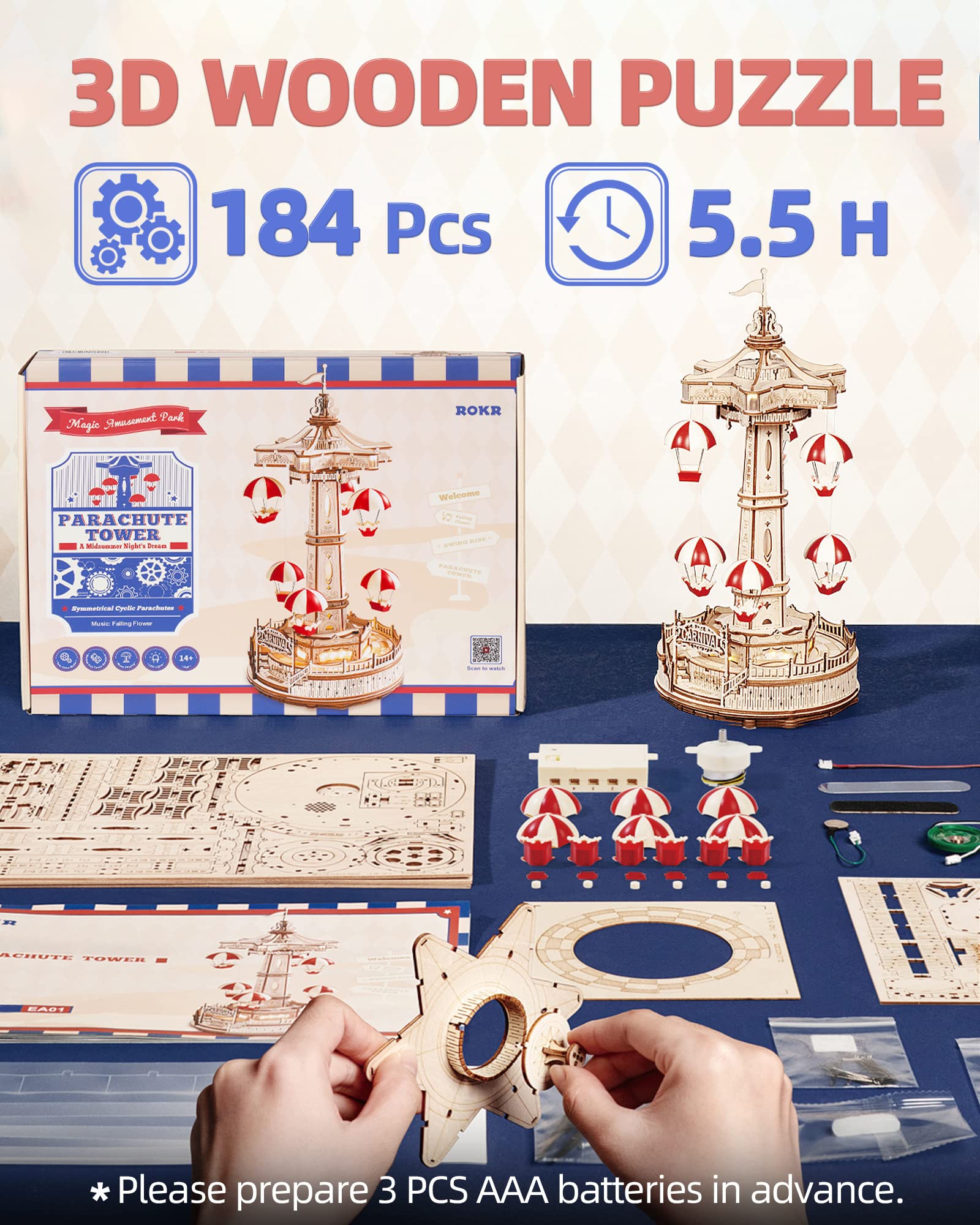 CJ Robotime Rokr Parachute Tower DIY Music Box Building Block Amusement Park Series For Kids Adults Easy Assembly 3D Wooden Puzzle