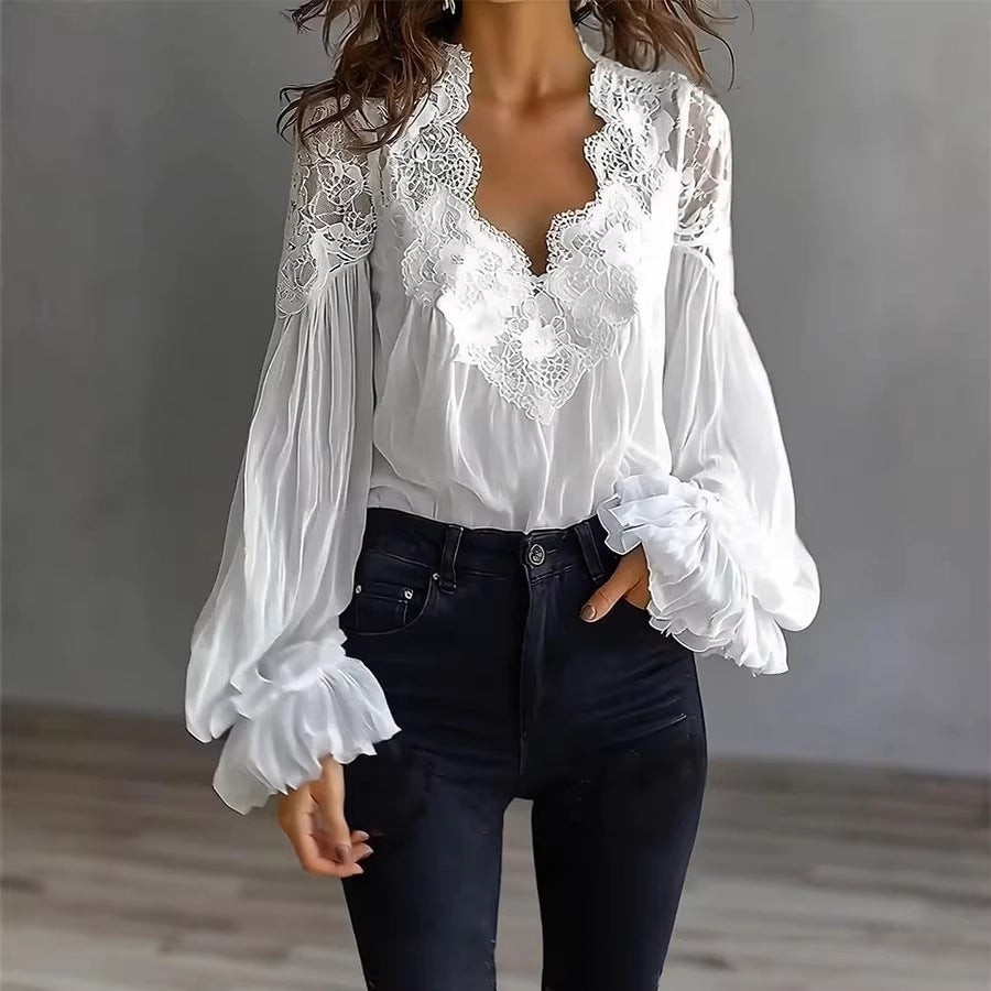 CJ Ins Puff-sleeved Blouse Fashion Elegant Ruffle Pleated Long-sleeved Top Womens Clothing