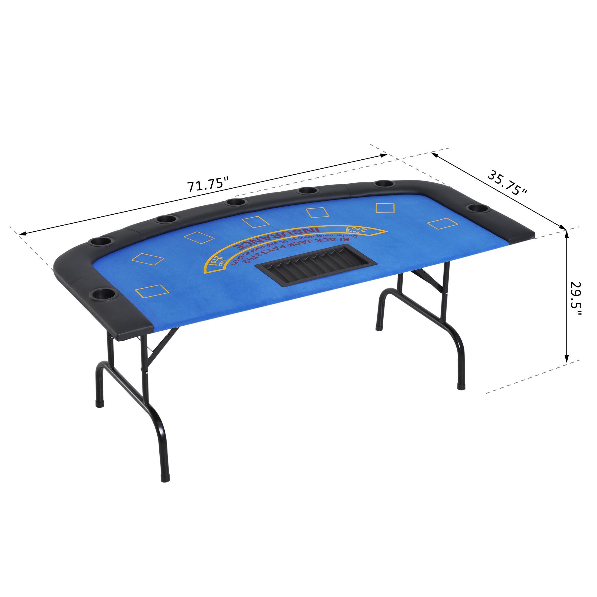 CJ Poker Table Foldable, 72" Blackjack Table for 7 Players with Chip & Cup Holder, Blue Felt