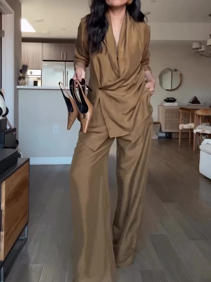 CJ Wrap-style Satin Blouse And Wide-leg Pants Set