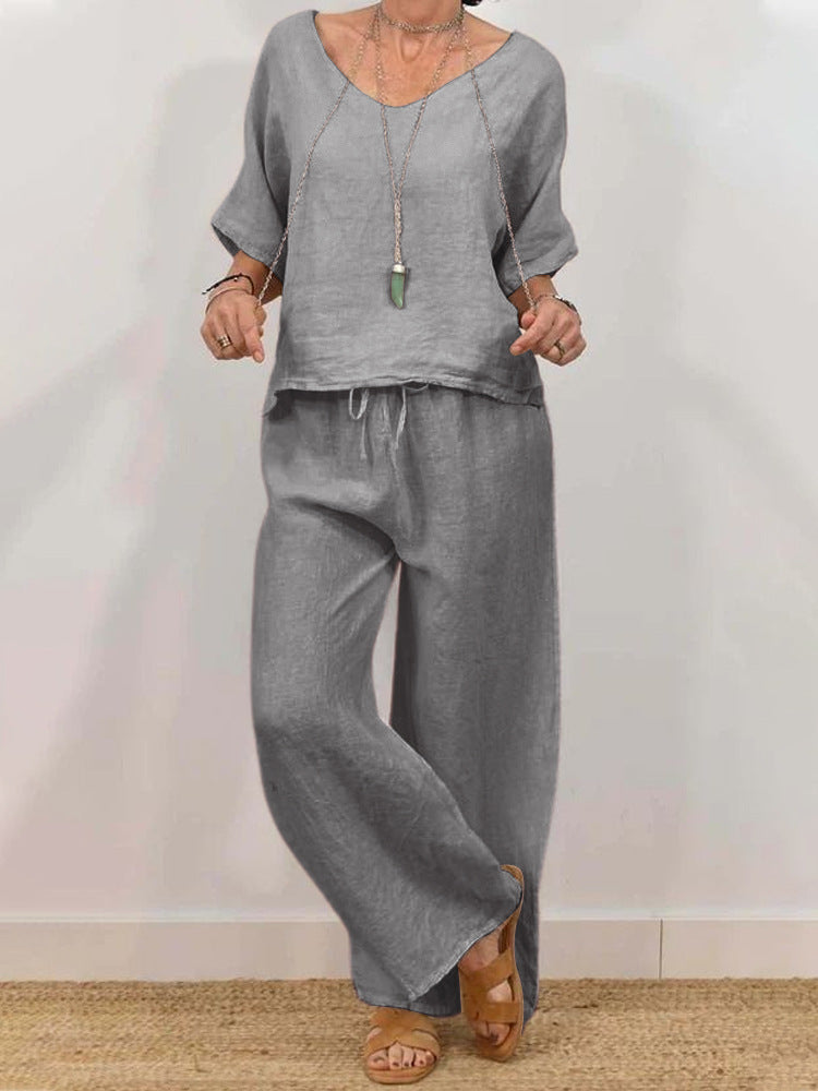 CJ  Womens Multi-Color Two-Piece Set Casual V-Neck Pullover With Three-Quarter Sleeves And Extended Pants
