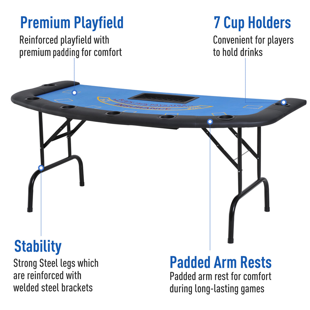CJ Poker Table Foldable, 72" Blackjack Table for 7 Players with Chip & Cup Holder, Blue Felt