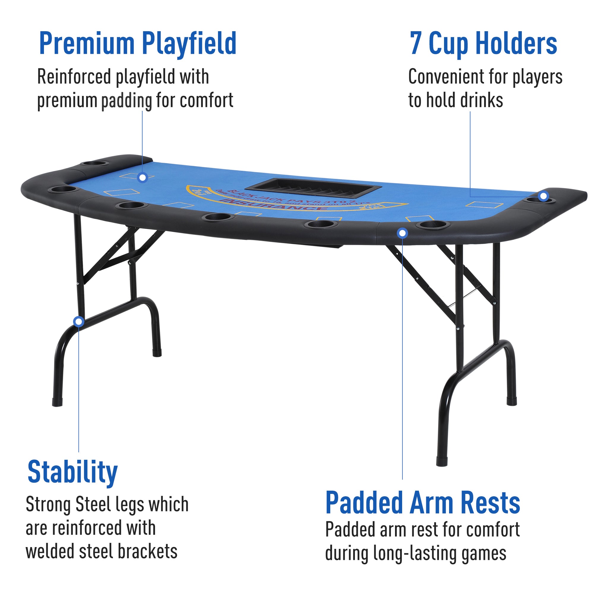 CJ Poker Table Foldable, 72" Blackjack Table for 7 Players with Chip & Cup Holder, Blue Felt