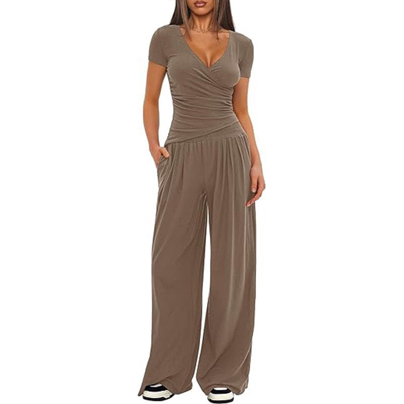 CJ 2 Pieces Women's V Neck Short-sleeve Sportswear Top And Wide-leg Pants Set Casual Comfortable Outfit Set For Daily Wear Gym Sports Outfit