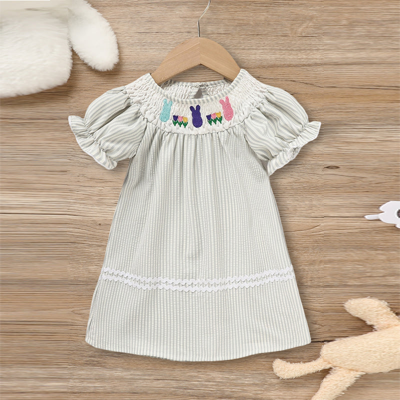 CJ Toddler Girl's Cute Dress, Bunny & Floral Embroidery Checkered A-Line Dress With Lace Trim