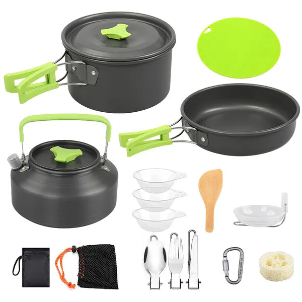 CJ Set Of 16Pcs Camping Cooking Ware Camping Stove Cookware Kit Aluminum Kettle With Bowls Knife Fork Spoon Carabiner Spatula Cutting Board For Hiking Picnic Outdoor