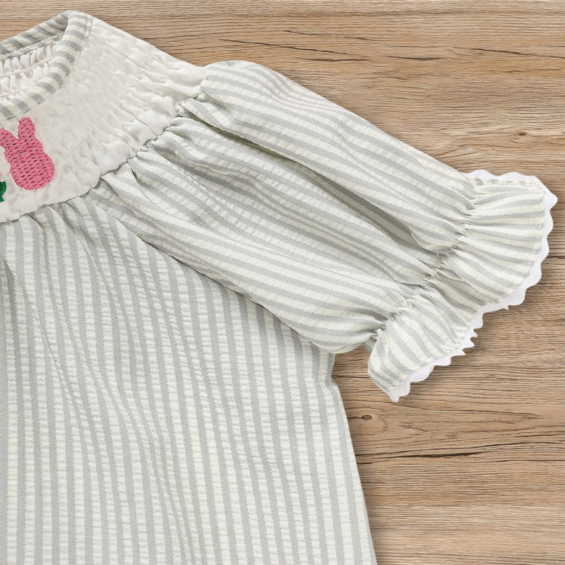 CJ Toddler Girl's Cute Dress, Bunny & Floral Embroidery Checkered A-Line Dress With Lace Trim