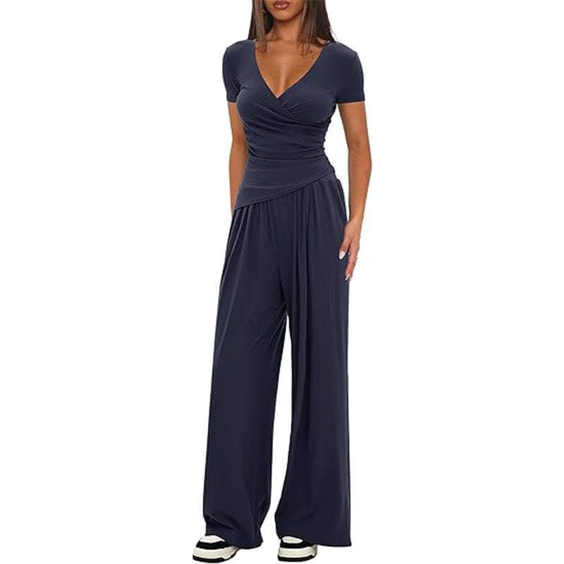 CJ 2 Pieces Women's V Neck Short-sleeve Sportswear Top And Wide-leg Pants Set Casual Comfortable Outfit Set For Daily Wear Gym Sports Outfit