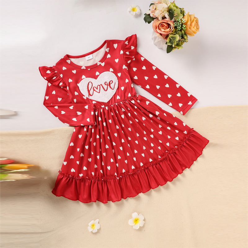 CJ Toddler Girl's Cute 'LOVE' Embroidered Dress, Heart Print Long Sleeve A-Line Dress With Ruffle Hem