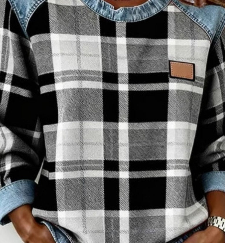 CJ Denim Patchwork Sweatshirt Fashion Unique Crewneck Pullover Long-sleeved Shirt Top Women's Clothing