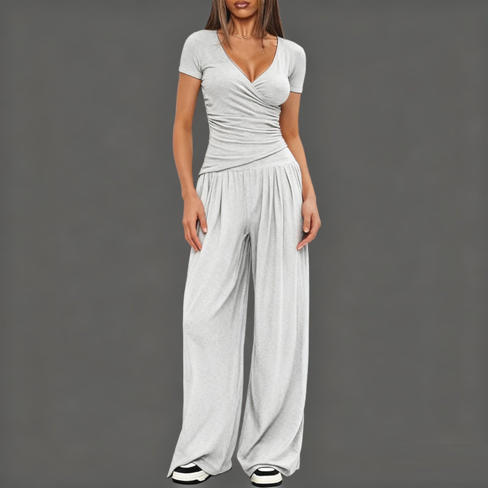 CJ 2 Pieces Women's V Neck Short-sleeve Sportswear Top And Wide-leg Pants Set Casual Comfortable Outfit Set For Daily Wear Gym Sports Outfit