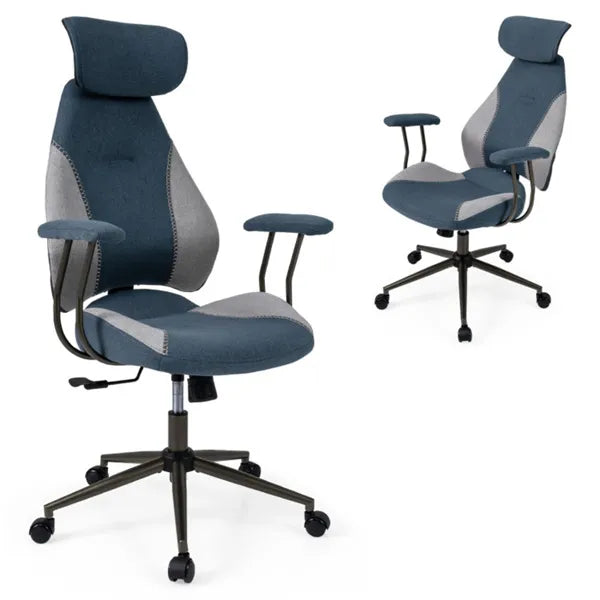 CJ Gray Blue Color Blocking Office Chair With 2D Adjustable Headrest, Ergonomic High-Back Desk Chair 330 Lbs Capacity