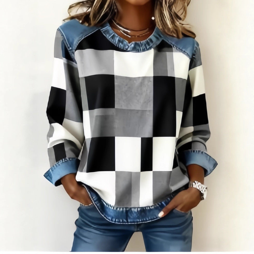 CJ Denim Patchwork Sweatshirt Fashion Unique Crewneck Pullover Long-sleeved Shirt Top Women's Clothing