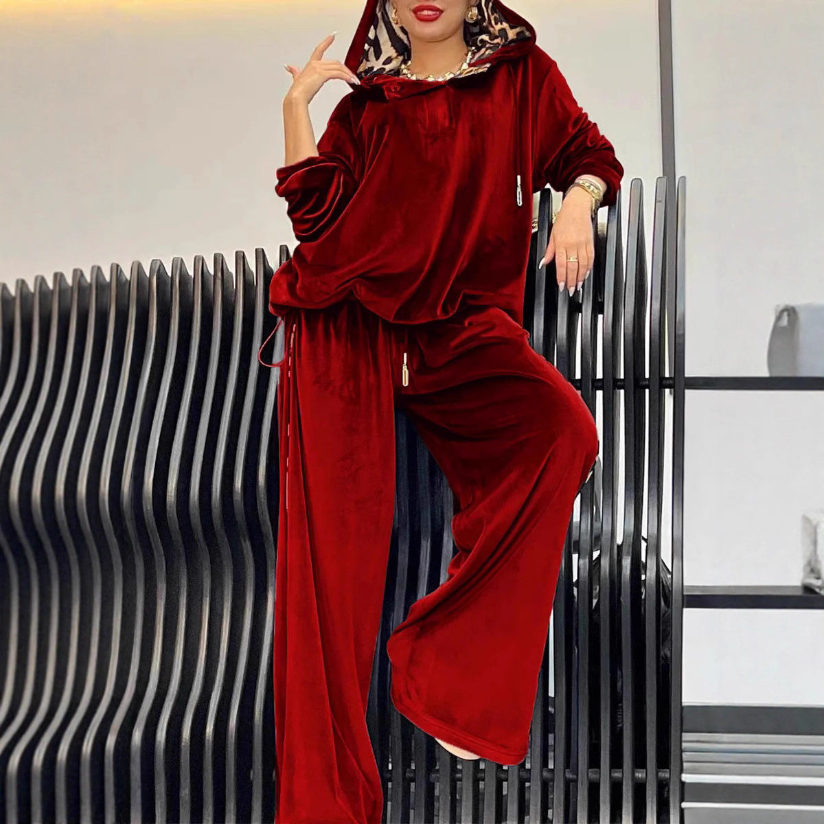 CJ Loose Casual Two-piece Suit Leopard Print Hoodie And Pants Suit For Women