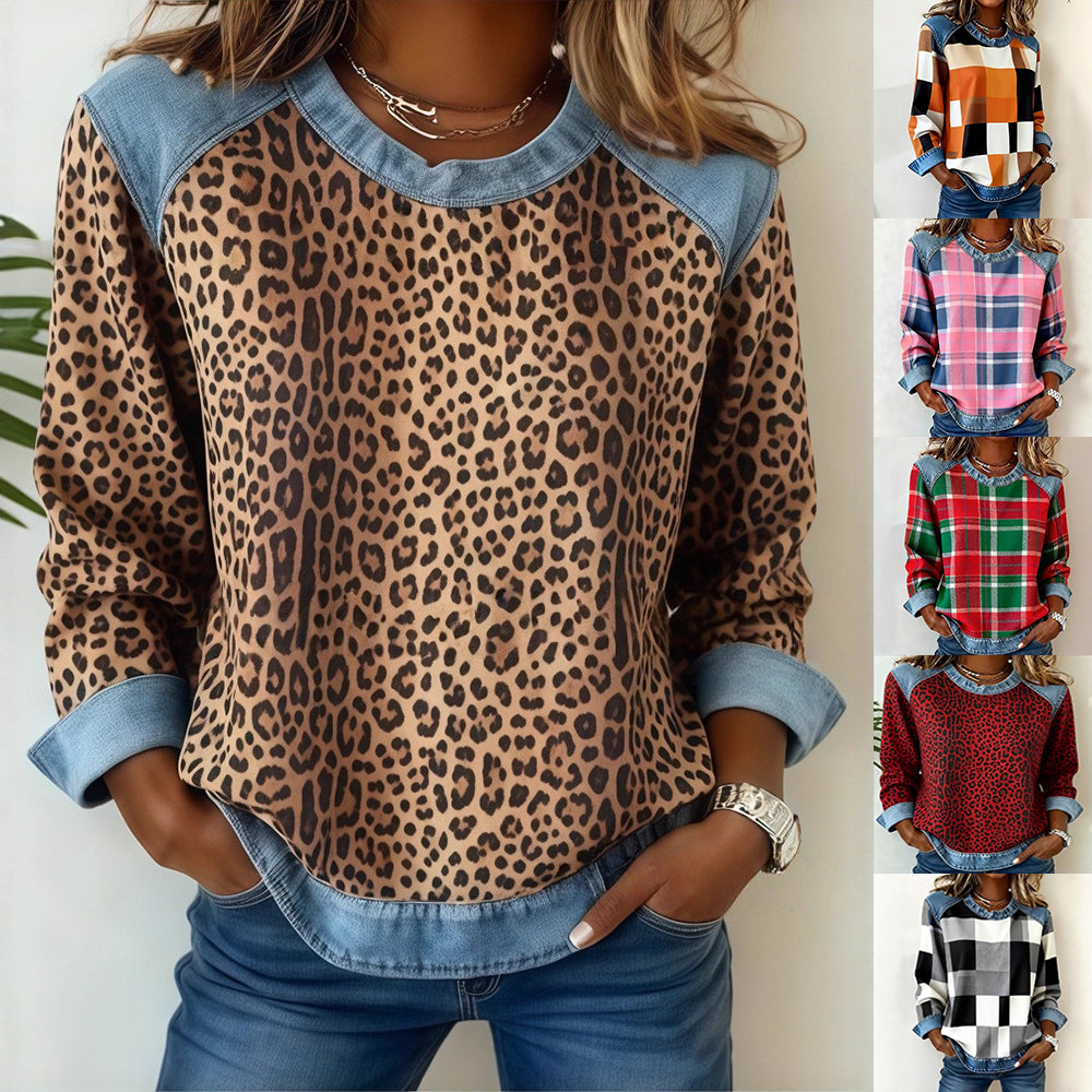 CJ Denim Patchwork Sweatshirt Fashion Unique Crewneck Pullover Long-sleeved Shirt Top Women's Clothing