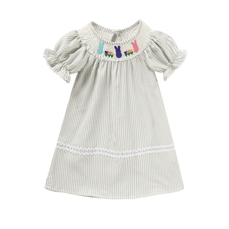 CJ Toddler Girl's Cute Dress, Bunny & Floral Embroidery Checkered A-Line Dress With Lace Trim