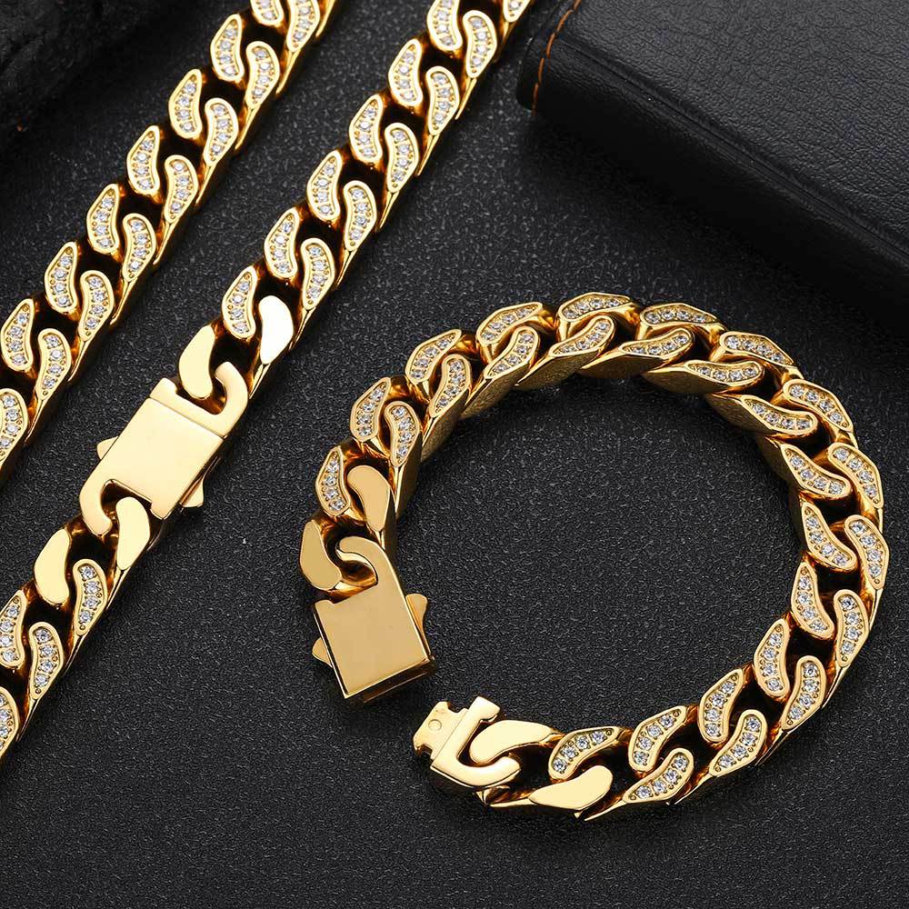 CJ Full-Zircon Cuban Chain Titanium Steel Mens Bracelet
