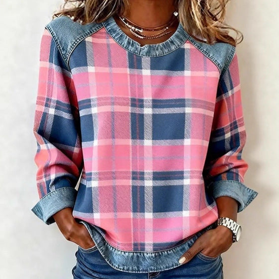 CJ Denim Patchwork Sweatshirt Fashion Unique Crewneck Pullover Long-sleeved Shirt Top Women's Clothing