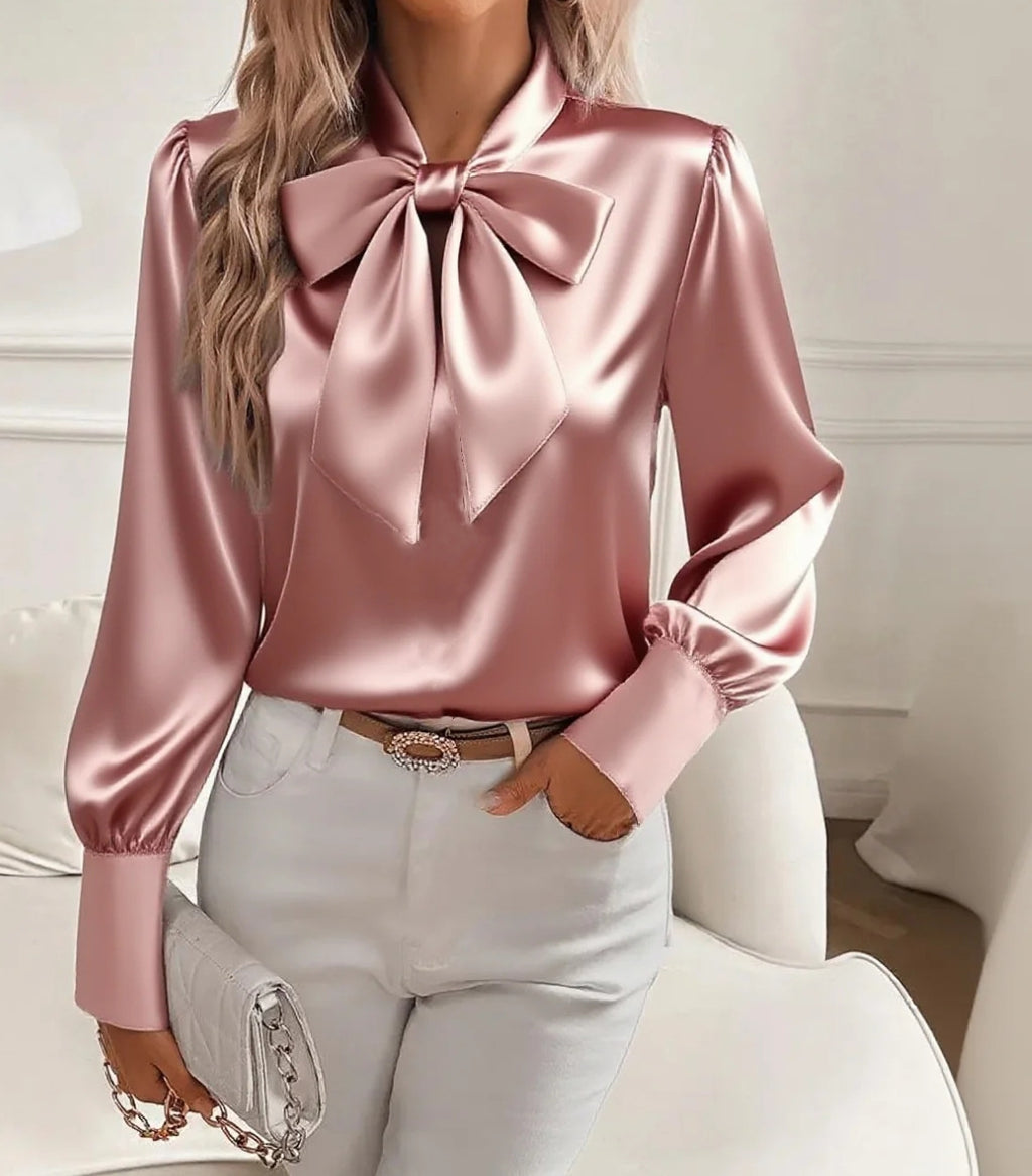 CJ Bow-tie Blouse Fashion Commuting Lace-up Pullover Long-sleeved Top Women's Clothing