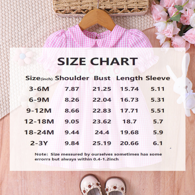 CJ Toddler Girl's Lapel Bubble Sleeve Dress, Checkered Pattern & Bunny Embroidery A-Line Summer Dress