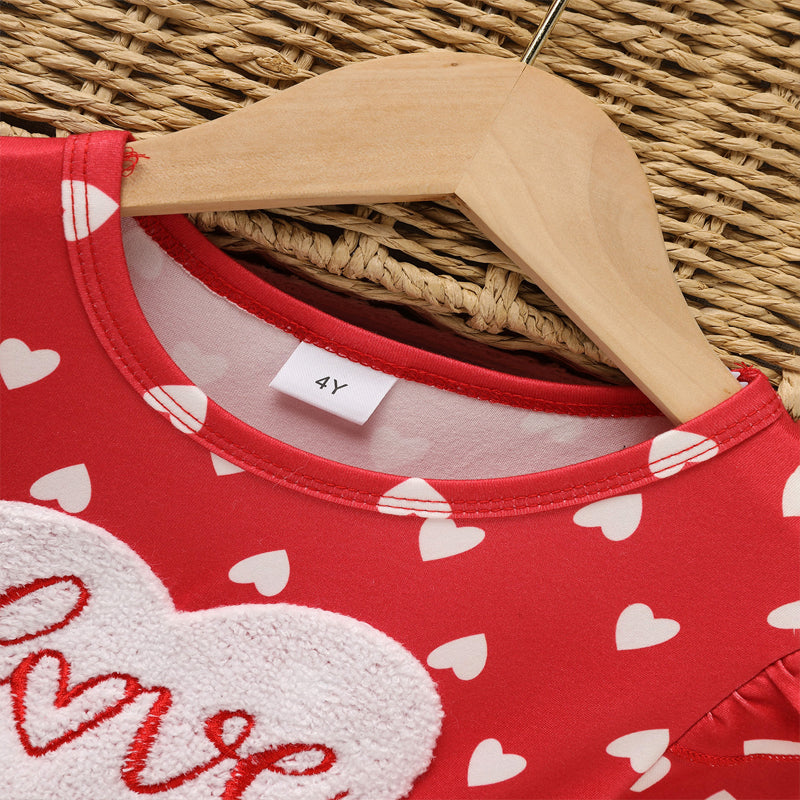 CJ Toddler Girl's Cute 'LOVE' Embroidered Dress, Heart Print Long Sleeve A-Line Dress With Ruffle Hem