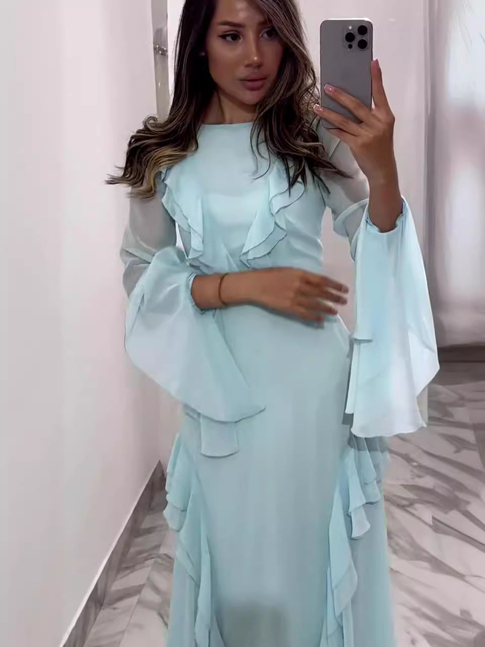 CJ  Round Neck Ruffled Long Sleeve Maxi Dress